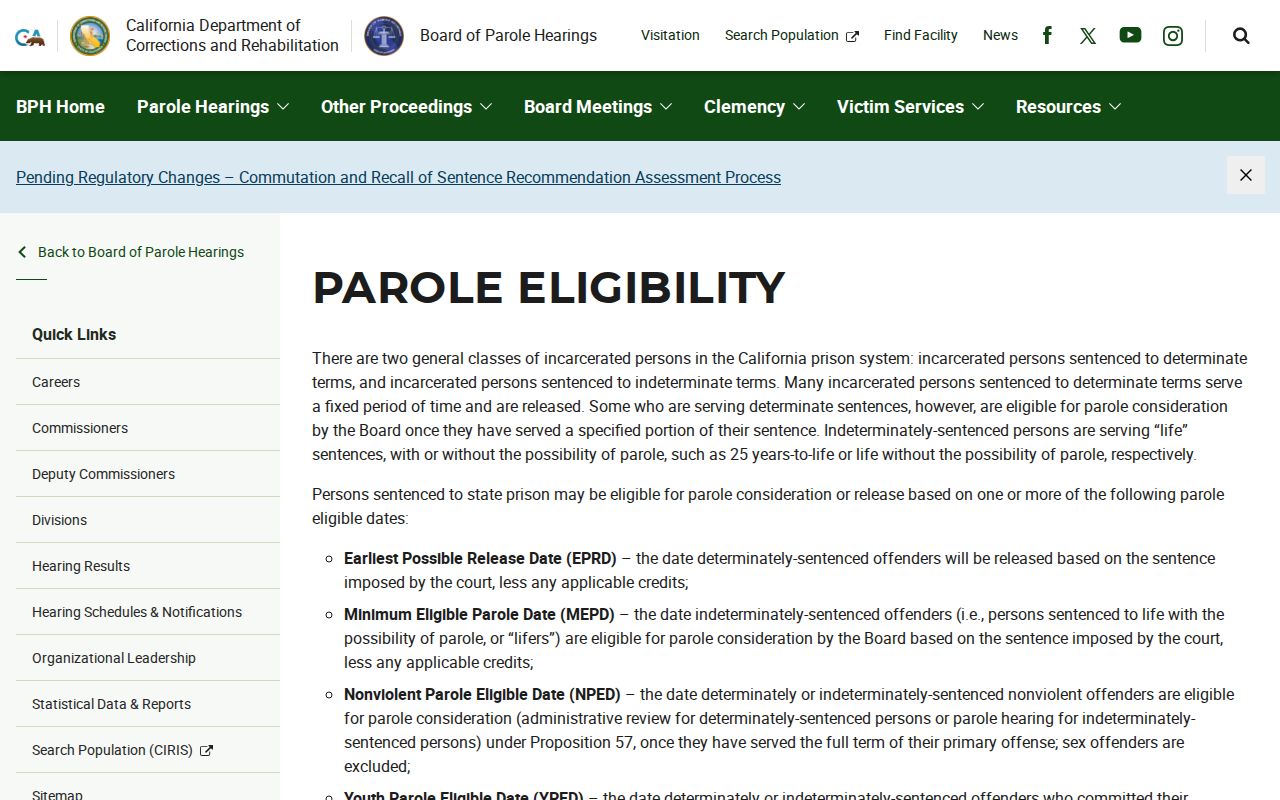 Yuba County parole and probation research showing California BPH eligibility terms