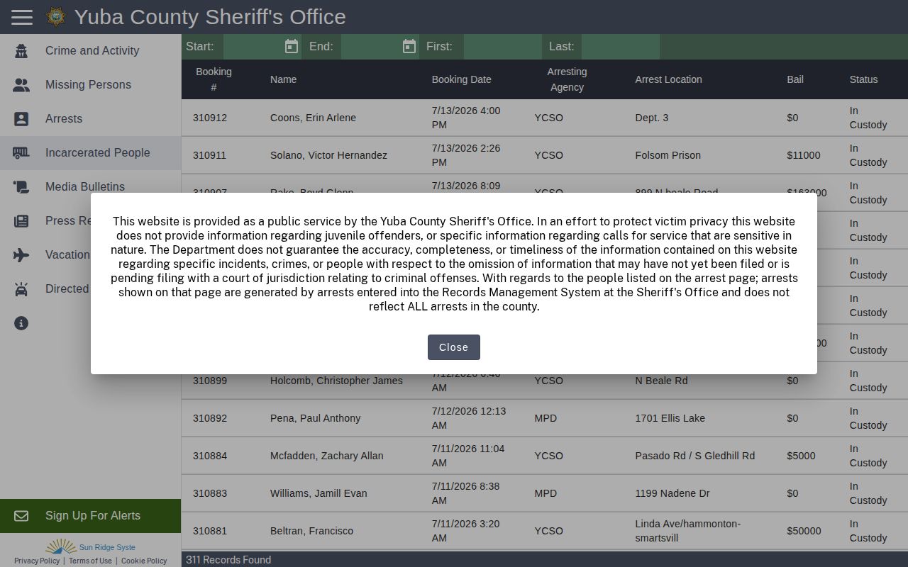 Yuba County current jail roster used before checking released inmate records